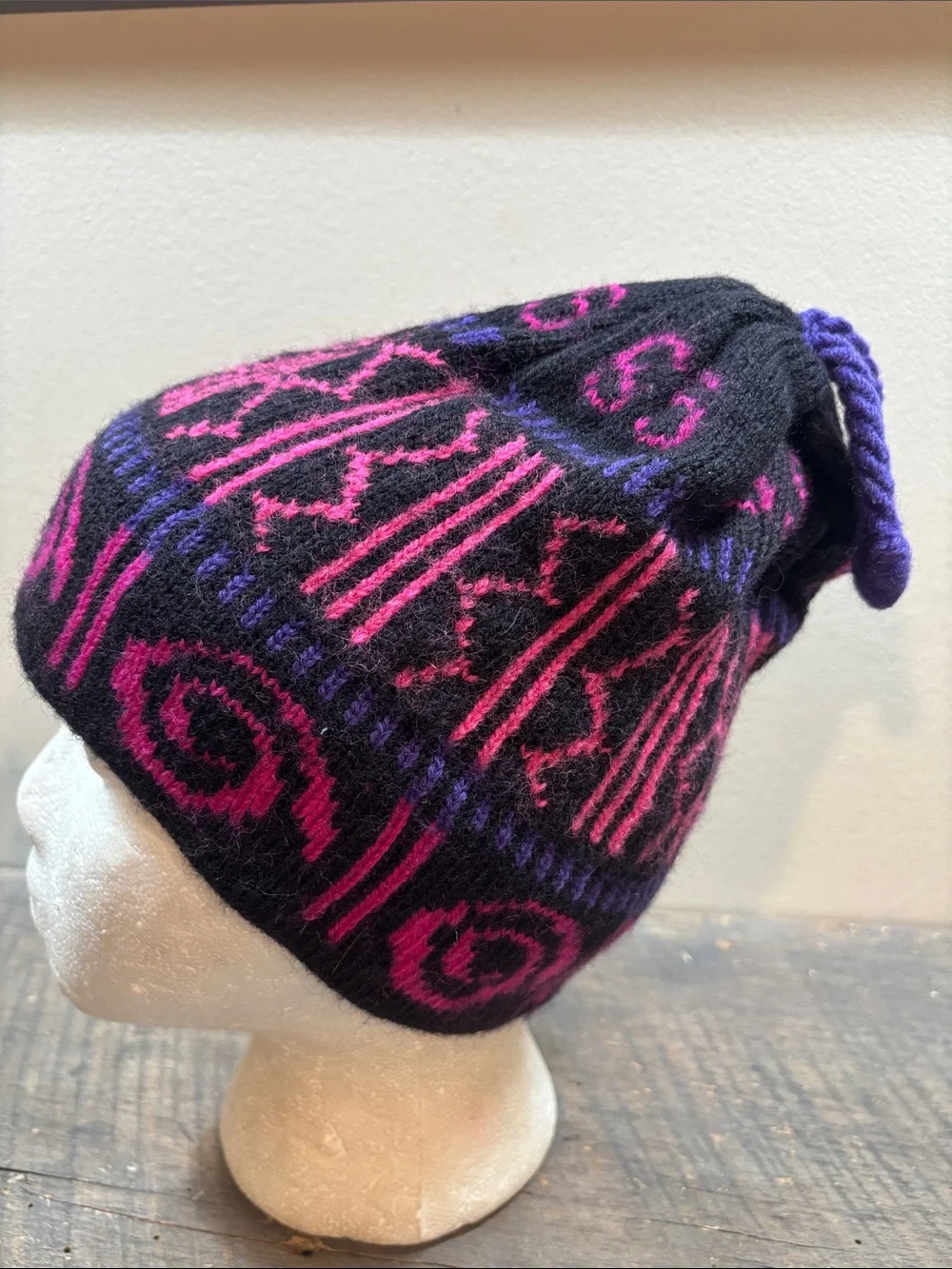 Handcrafted Kids Wool Black & Pink Patterned Knit Beanie